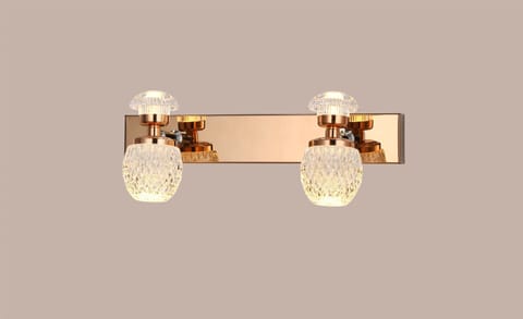 Swanart Luxury Crystal Glass Double LED Wall Light for Bedroom, Living Room & Vanity | 2-Light Fixture with Golden Mirror Finish | Decorative Modern Wall Lamp | 32cm Width, 13cm Height, 6.5cm Depth