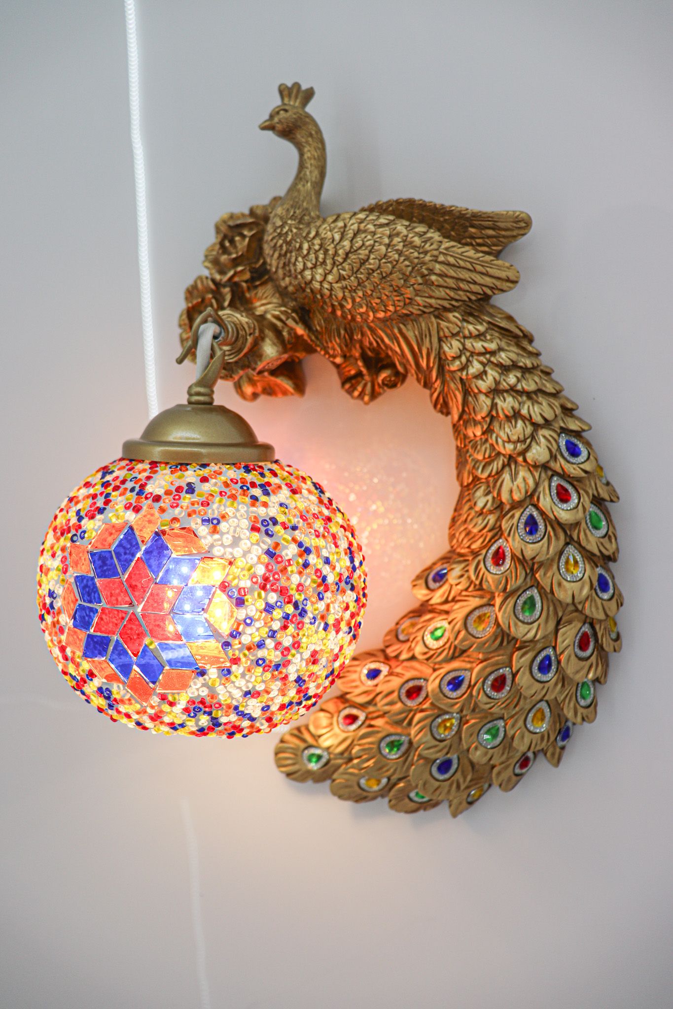 Swanart Elegant Glitzail Peacock Wall Lamp with Golden Finish – Decorative Wall Light with Crystal Globe Shade | Intricate Handcrafted Design | Multicolor Accents | Ideal for Living Room, Bedroom & Home Décor