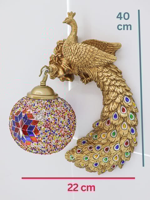 Swanart Elegant Glitzail Peacock Wall Lamp with Golden Finish – Decorative Wall Light with Crystal Globe Shade | Intricate Handcrafted Design | Multicolor Accents | Ideal for Living Room, Bedroom & Home Décor