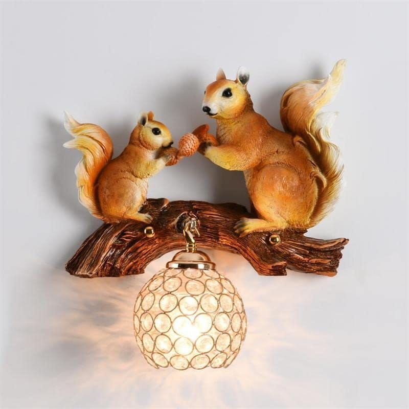 Whimsical Squirrel Resin Wall Sconce Light - Charming Dual Squirrels on Branch Design with Sparkling Crystal Shade - Unique Indoor Wall Lamp for Home - Rustic Woodland Animal Decor Accent Lighting
