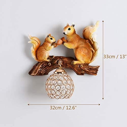 Whimsical Squirrel Resin Wall Sconce Light - Charming Dual Squirrels on Branch Design with Sparkling Crystal Shade - Unique Indoor Wall Lamp for Home - Rustic Woodland Animal Decor Accent Lighting