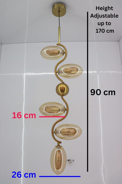 swanart Modern Gold Spiral Chandelier - 5-Light Pendant Fixture with Elegant Amber Glass Shades | Decorative Ceiling Light for Living Room, Dining Room – Creates Stunning Warm Ambiance & Statement