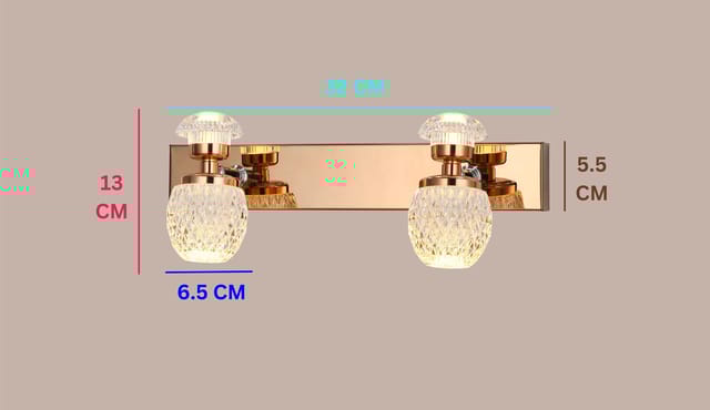 Swanart Luxury Crystal Glass Double LED Wall Light for Bedroom, Living Room & Vanity | 2-Light Fixture with Golden Mirror Finish | Decorative Modern Wall Lamp | 32cm Width, 13cm Height, 6.5cm Depth
