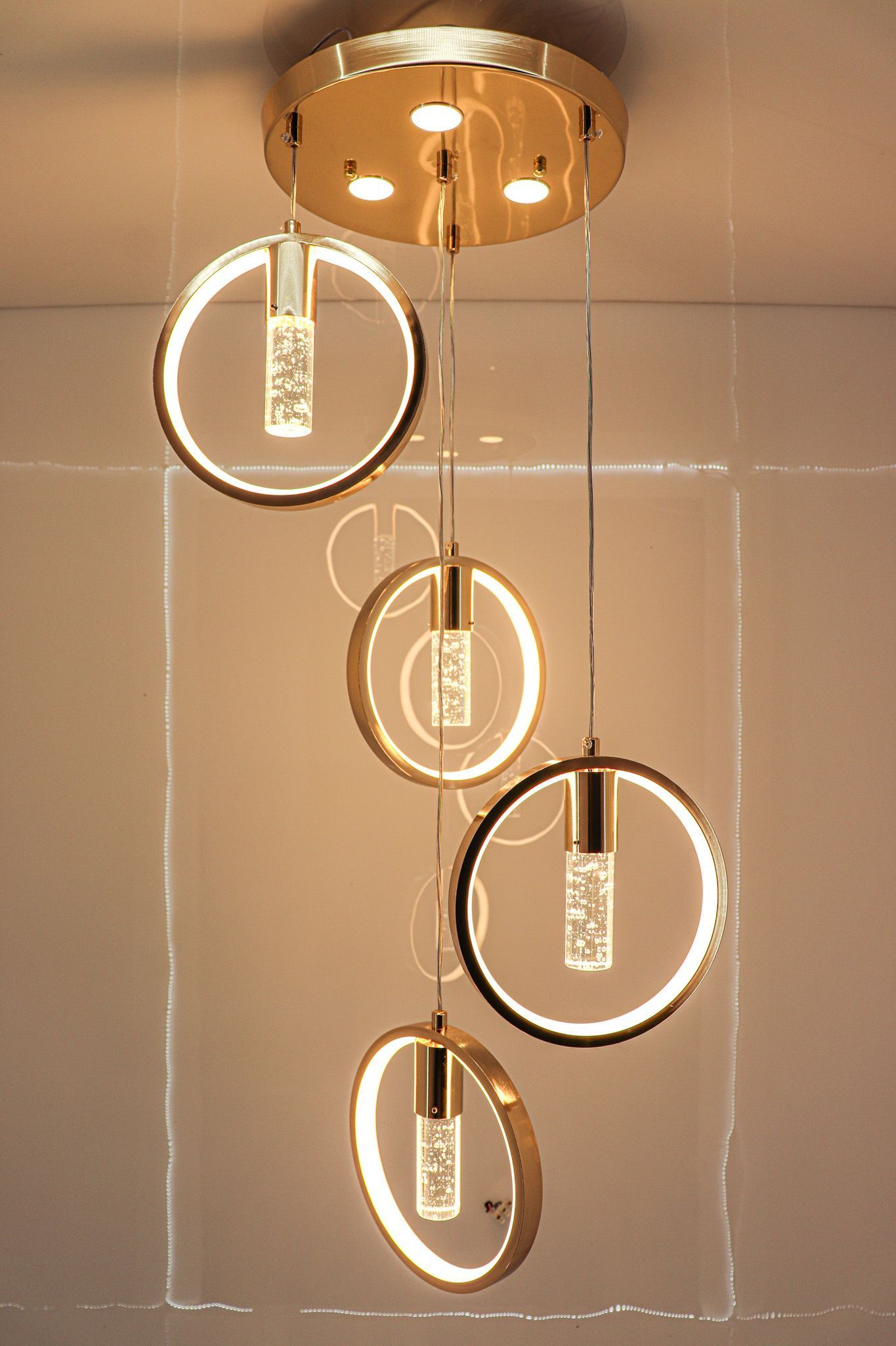 Modern Crystal Ring LED Pendant Light - Adjustable Height, Warm/Cool White, Elegant Gold Finish, Sparkling Bubble Accents, Ideal for Dining Room, Living Room, Bedroom