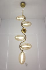 swanart Modern Gold Spiral Chandelier - 5-Light Pendant Fixture with Elegant Amber Glass Shades | Decorative Ceiling Light for Living Room, Dining Room – Creates Stunning Warm Ambiance & Statement