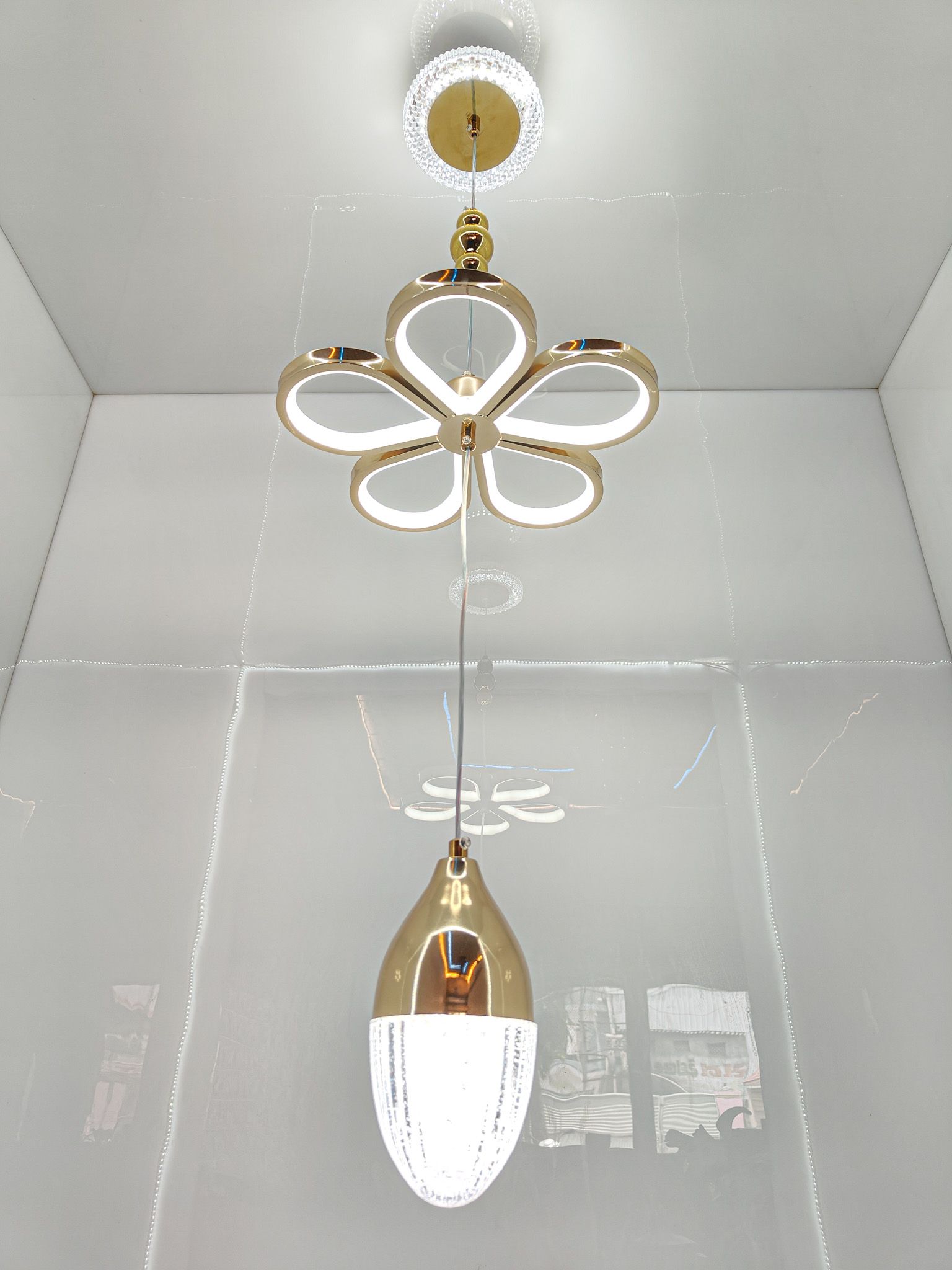 Swanart Florilight Modern Crystal Glass Ceiling Light with 3-in-1 Color Changing LED, Adjustable Height (75cm-110cm), Elegant Gold Finish for Home & Office Decor