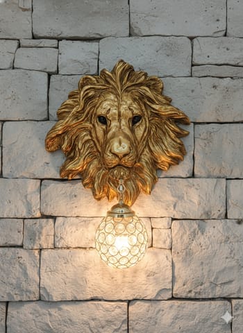 Swanart Leonara Lion Head Wall Light – Decorative Gold Lion Face with Crystal Globe, 37x47 cm – Elegant Wall Sconce for Living Room, Bedroom, and Offices