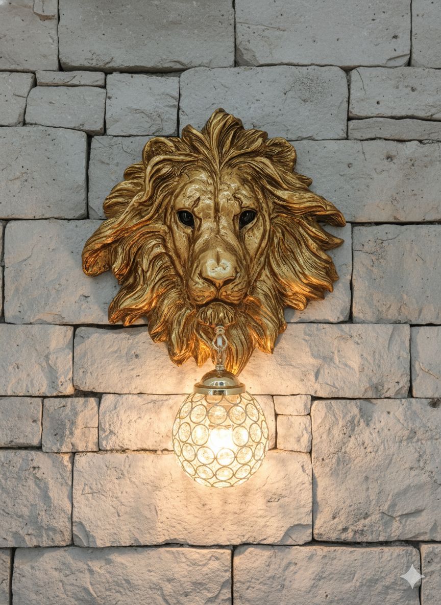 Swanart Leonara Lion Head Wall Light – Decorative Gold Lion Face with Crystal Globe, 37x47 cm – Elegant Wall Sconce for Living Room, Bedroom, and Offices