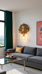 Swanart Leonara Lion Head Wall Light – Decorative Gold Lion Face with Crystal Globe, 37x47 cm – Elegant Wall Sconce for Living Room, Bedroom, and Offices