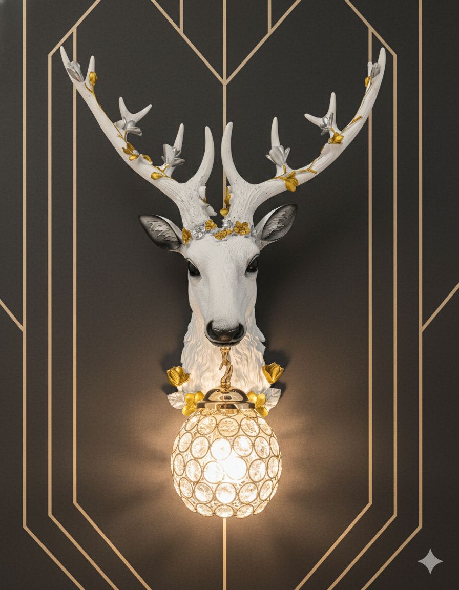 Swanart Elegant Deer Head Wall Lamp with Golden Crystal Pendant, 64cm Wall Mounted Light Fixture for Living Room, Bedroom, or Hallway - Unique Artistic Decor with Warm Glow - Modern & Luxurious Design